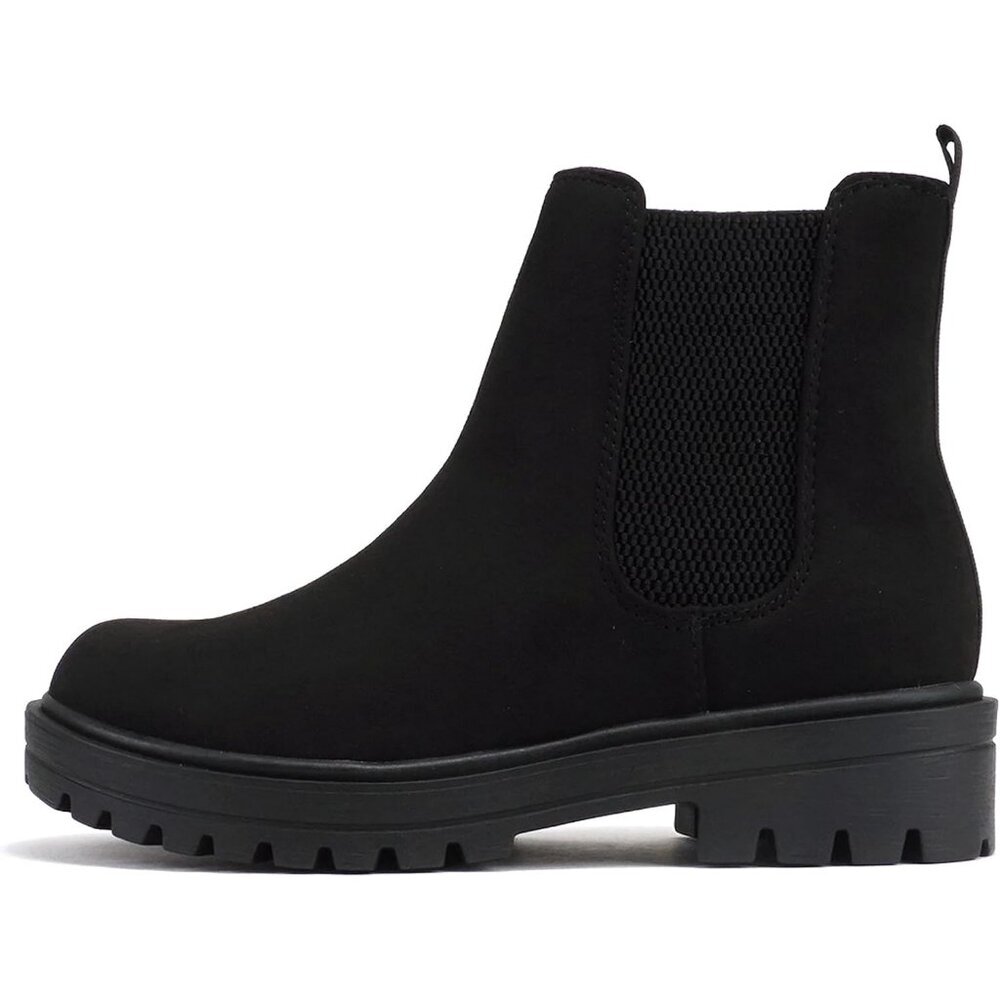 Women Black Suede Lug Sole Low Chunky Heel Chelsea Double Elastic Ankle Booties
